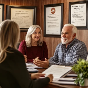 "A warm and professional setting where an elderly couple reviews...