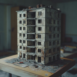 A miniature run-down creepy ussr building stands on a table in a...