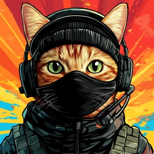 A wide-eyed ginger cat wearing a black tactical balaclava (or ma...