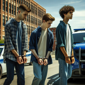 Three Caucasian male teenagers walk to a police car in handcuffs...