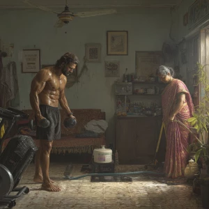Hyperrealism digital painting ,a indian muscular beefy sweaty...