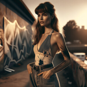 Sexy, Asian teen girl wearing skin tight jeans and a halter top long hair and bangs paint marks on her clothing, graffiti background heroic pose side view