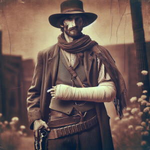 A old west gunslinger with one arm in a cast.
