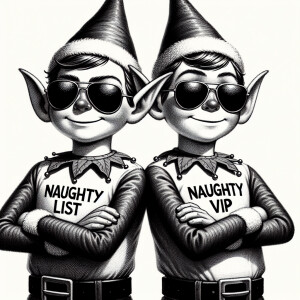 cartoon elves with crossed arms, wearing aviator sunglasses and...