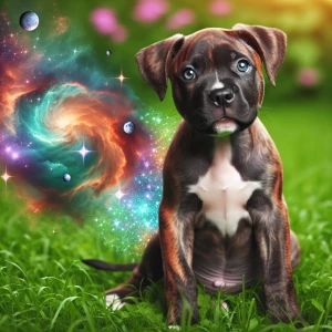 Create an image featuring a glossy-coated brindle pit bull puppy...