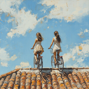 two girl cycling on the roof