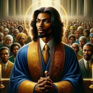 Illustrate an inspiring African-American Jesus crust with a dign...
