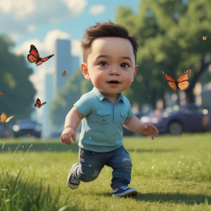 baby Elon Musk in children role with real face, runs on the gras...