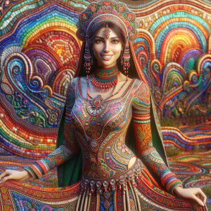 A captivating, hyper-realistic illustration of a woman adorned i...