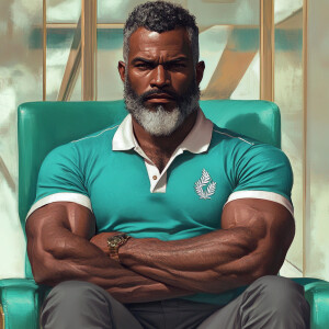 The image shows man white a bearded black, gray haired muscular...