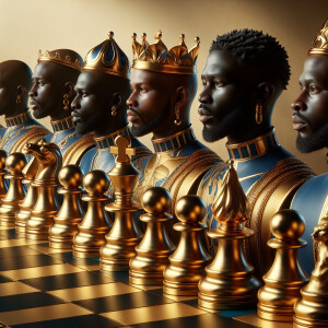3-D realistic oil, painting,of a gold and black human chessboard...