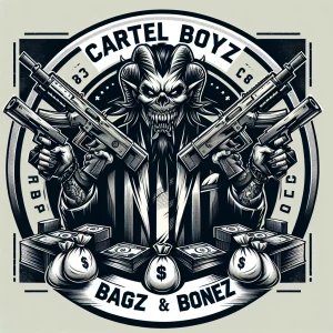 Create a bold logo featuring a menacing creature with sharp feat...