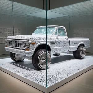 Envision a lowrider truck crafted from cracked porcelain, its su...