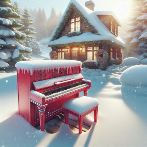 Create a image of a little red kids piano outside in the snow wi...
