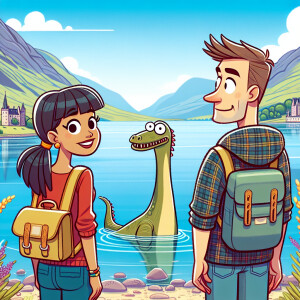 Full veiw of cartoonish Picture of a vacation in Scotland with a...