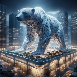 Create a 3D image of a building designed in the shape of a big...