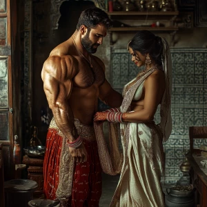 A muscular beefy indian man proposing his 50 years old housemaid...