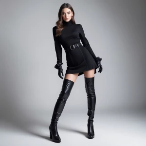 A stunning slender female, 24yo standing seductively in a black...