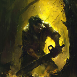 An eerie scene unfolds as Leatherface grips his chainsaw tightly...