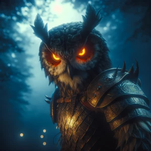 Generate an image of a menacing, demonic owl with glowing eyes,...