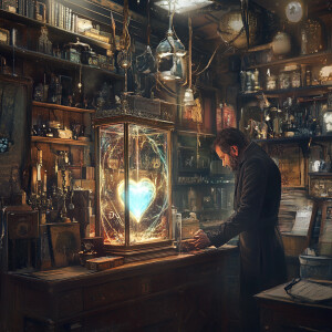 Generate a dusty, dimly-lit antique shop with shelves cluttered...