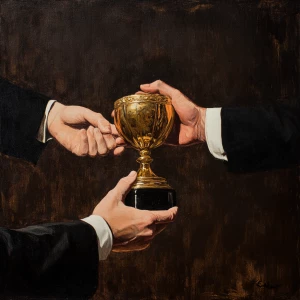 Depict the ceremonious moment of a distinguished award being pas...