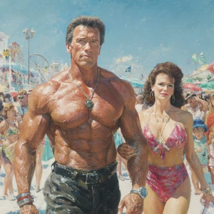 Create a hyperrealistic painting of a muscular, sweaty, American...