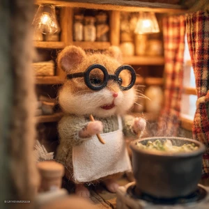 Create an image of a whimsical, stop-motion style hamster charac...
