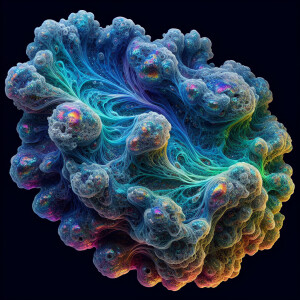 A shimmering, pulsating iridescent amoeba blob creature, its tra...