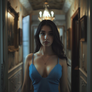 Fair-skinned woman with dark long hair, elegant and composed, ca...