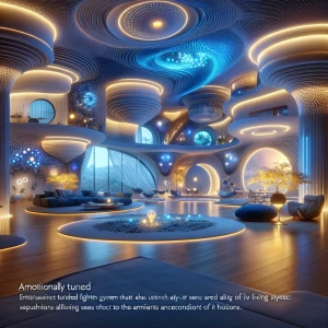 "Design a futuristic, organic home that is a living creature itself, capable of sensing and responding to its inhabitants' emotions. The home should feature adaptive, mood-based lighting that shifts in color and intensity to reflect the emotional state of those inside—calm blues for relaxation, vibrant yellows for happiness, deep purples for creativity, and soft pinks for comfort. Incorporate bioluminescent elements and fluid, natural shapes that mimic the home's living nature, creating a seamless blend of technology and biology. The lighting should be integrated into the walls, ceilings, and floors, with a gentle pulsation to mimic a heartbeat, enhancing the sense of a living, breathing space."