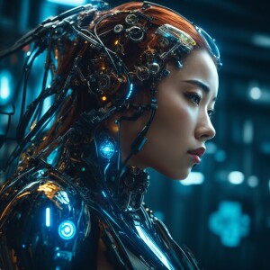 Futuristic cyborg woman, manhwa korean, looking to the side, mec...