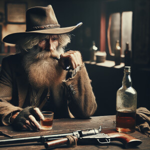 An old prospector, grizzly, long beard wide brim, cowboy hat, si...