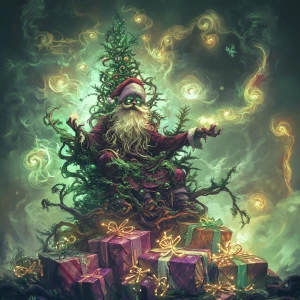 In a hazy, psychedelic forest, a sinister Santa figure sits atop...