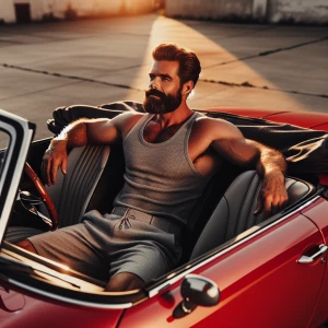 A muscular bearded man dressed in a fitted tank top and snug sho...