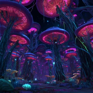 A surreal, menacing alien forest seen from a low angle, the view...