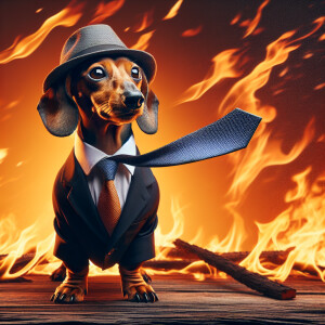 Dachshund in business suit and hat stay in flame