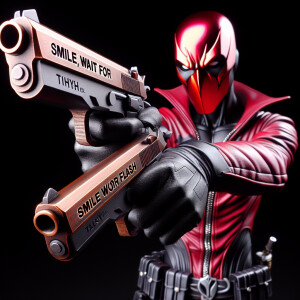 Deadpool holding his pistols at the viewer,  on the barrels you...