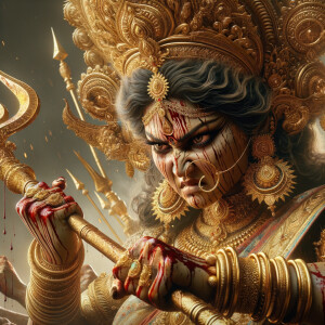 portrait of angry looking goddess durga pinning a weak mahishasur to the ground and stabbing him with her amazingly designed trident. She is wearing gold armor, a huge gold crown, gold saree, abundant  gold jewelry, covered in blood. The scene is set in ancient India. The image is 8K resolution, photography, cinematic, ultra detailed face and epic