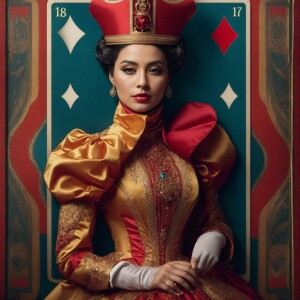 A playing card with a real looking queen stepping out of the car...