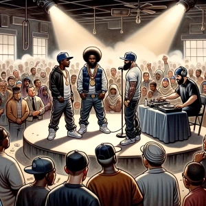 Three urban rap artists are standing in a circle at a small, smo...