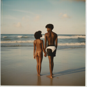 Polaroid photo of nude ebony teen girl and boy at the beach