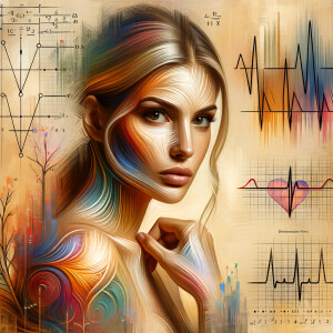 Abstract, minimalist, painting, with pencil line, paint stroke, gestures, colorful marks, mathematical equations, electrical cardiogram, printouts complex math formulas, dna asian teen girl