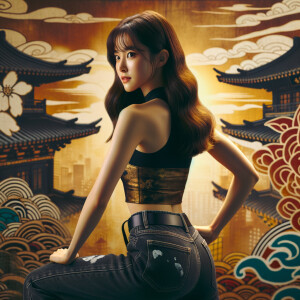 Athletic Thin skinny Attractive, Asian teenage girl, long brown hair and bangs, wearing tight skinny jeans and a halter top paint marks on her clothing, heroic pose Asian graffiti background, backside view