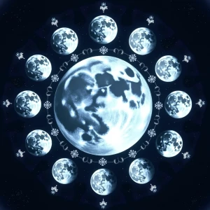 Imagine a mesmerizing circular mandala with a radiant full moon...