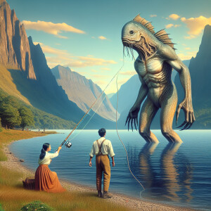 A man and a woman engage in tranquil fishing beside a placid mou...