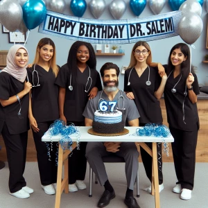 Create an image of six employees at an Injury Rehab Clinic celeb...