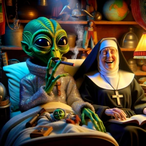 "Create a whimsical image of an alien with vibrant green skin an...