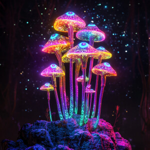 Generate an image featuring a cluster of bioluminescent psychede...