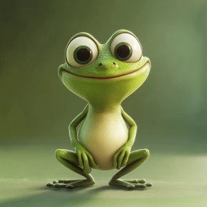 a green anthropomorphic frog with big, round bulging eyes, subtl...